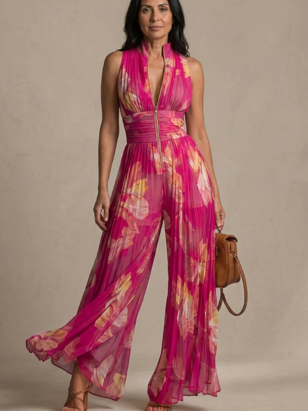 Nicole | Mono de chifón plisado con estampado floral fucsia