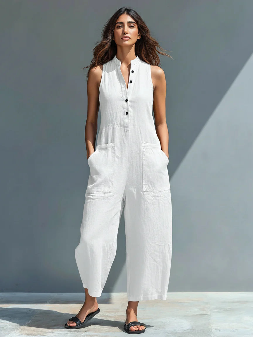 Claudia | Mono minimalista de lino para mujer, sin mangas, cuello alto y botones