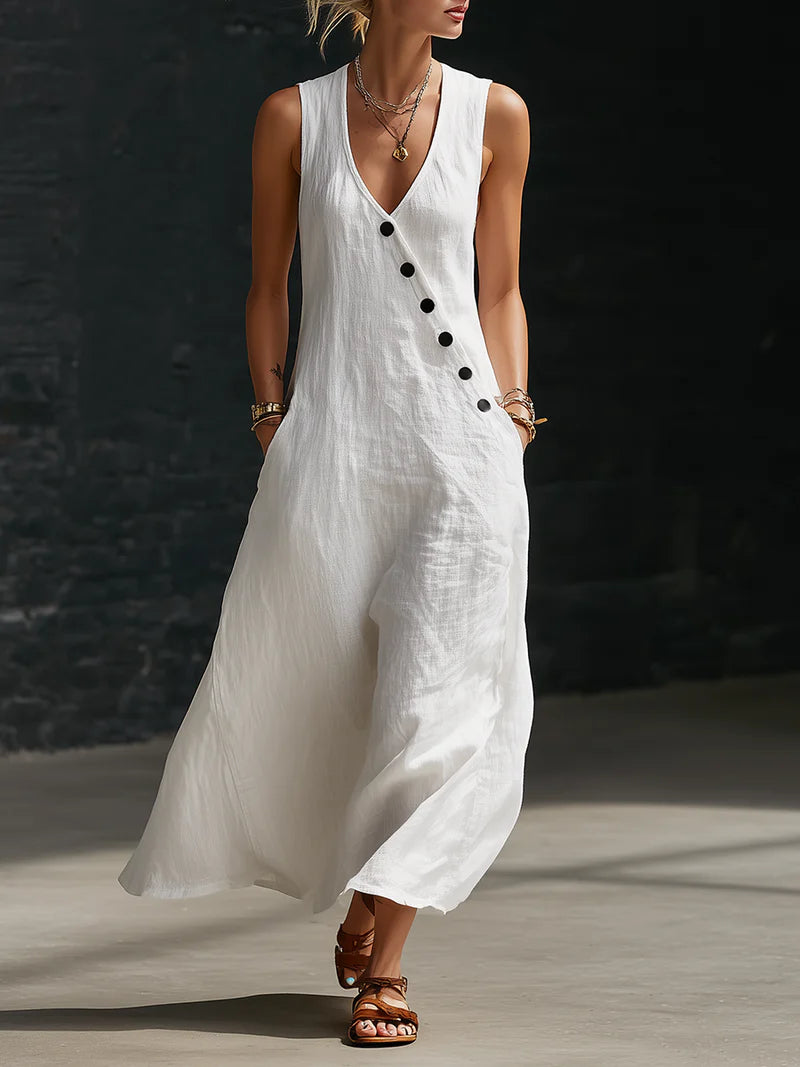 Vestido Maxi Mujer Minimalista con Botones – Estilo Elegante Fluido