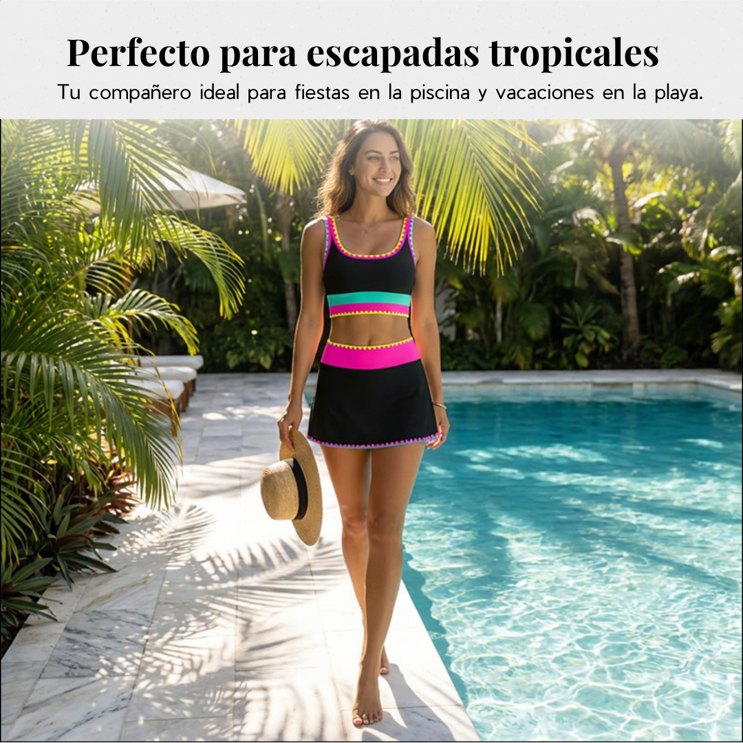 👙🌊 Conjunto de Bikini 3 Piezas – Cintura Alta, Color Block y Diseño en Zigzag para Playa y Vacaciones