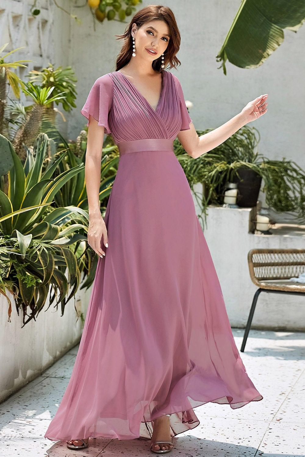 MONICA | Vestido largo de dama de honor con cintura imperio y mangas cortas fluidas