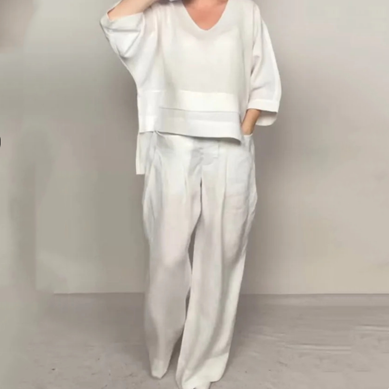 💎 Conjunto 2 Piezas de Algodón y Lino con Bajo Irregular – Top Escote en V + Pantalón Ancho, Transpirable y Elegante sin Esfuerzo 🍂👚