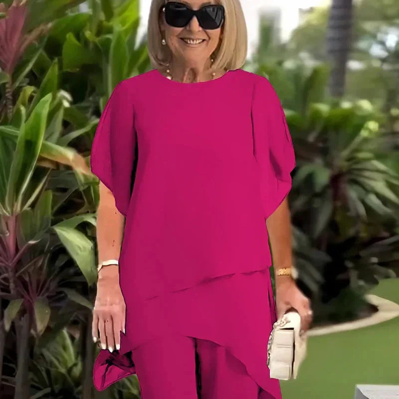 Conjunto de dos piezas para mujer: encantador top asimétrico y pantalón de pierna ancha