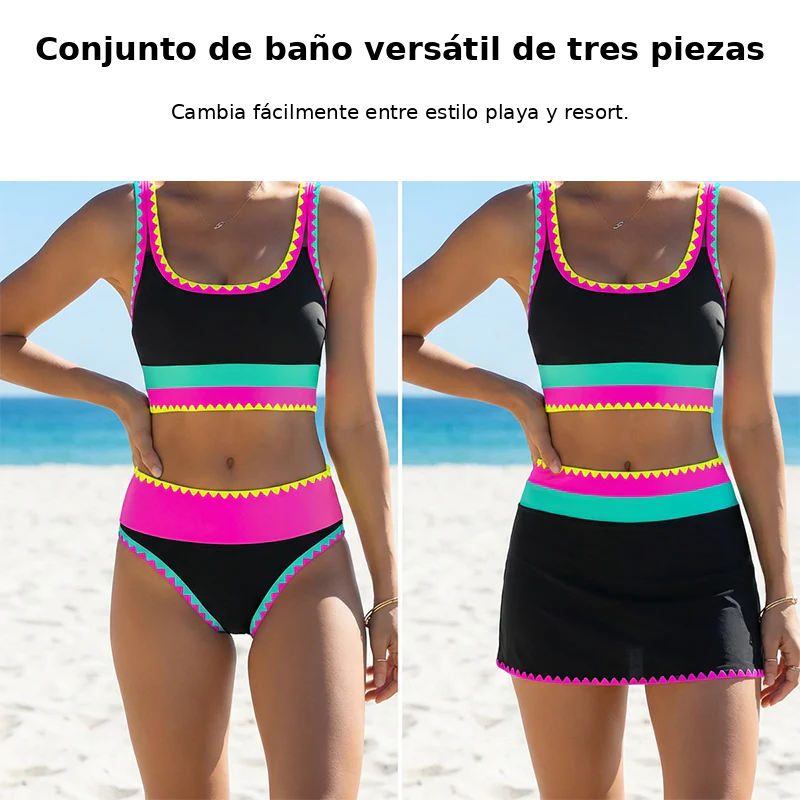 👙🌊 Conjunto de Bikini 3 Piezas – Cintura Alta, Color Block y Diseño en Zigzag para Playa y Vacaciones