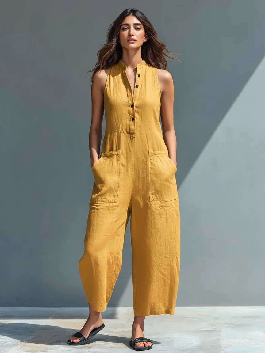 Claudia | Mono minimalista de lino para mujer, sin mangas, cuello alto y botones