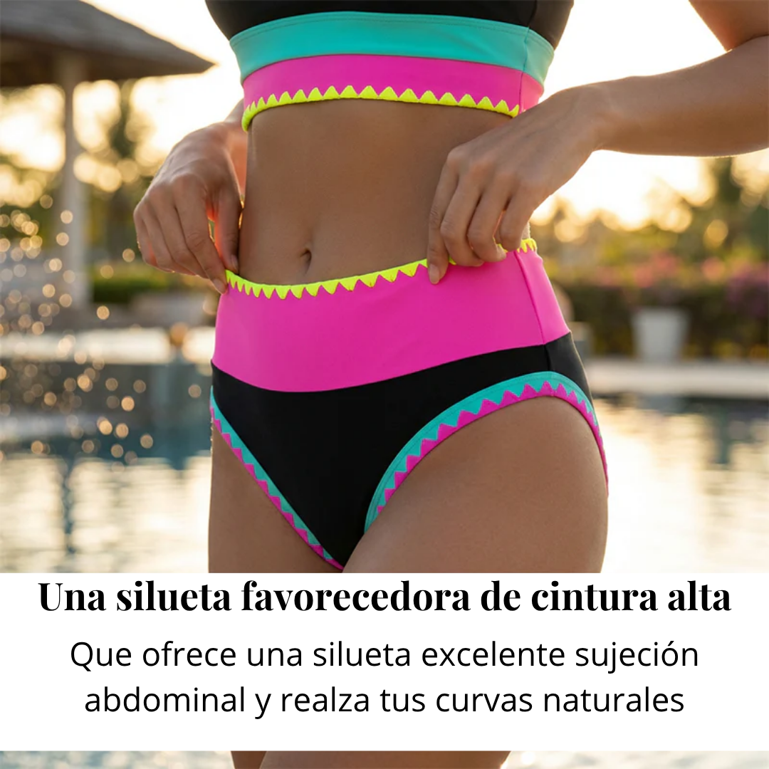 👙🌊 Conjunto de Bikini 3 Piezas – Cintura Alta, Color Block y Diseño en Zigzag para Playa y Vacaciones