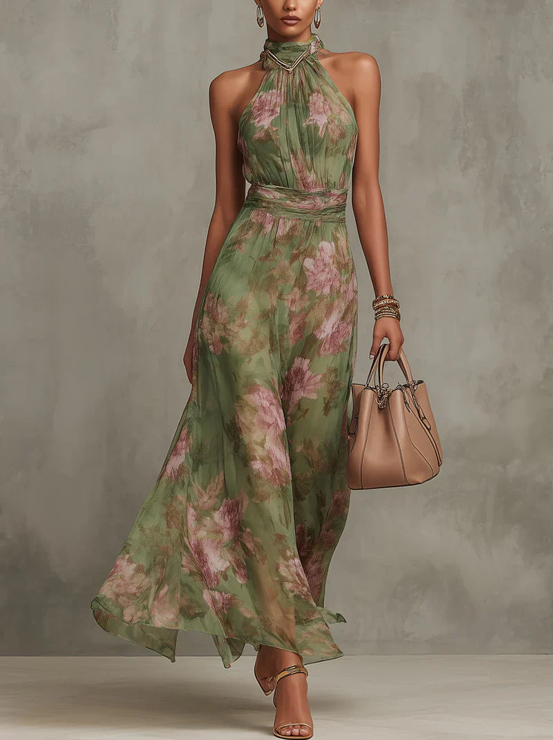 Florence | Vestido maxi de gasa floral verde con cuello halter