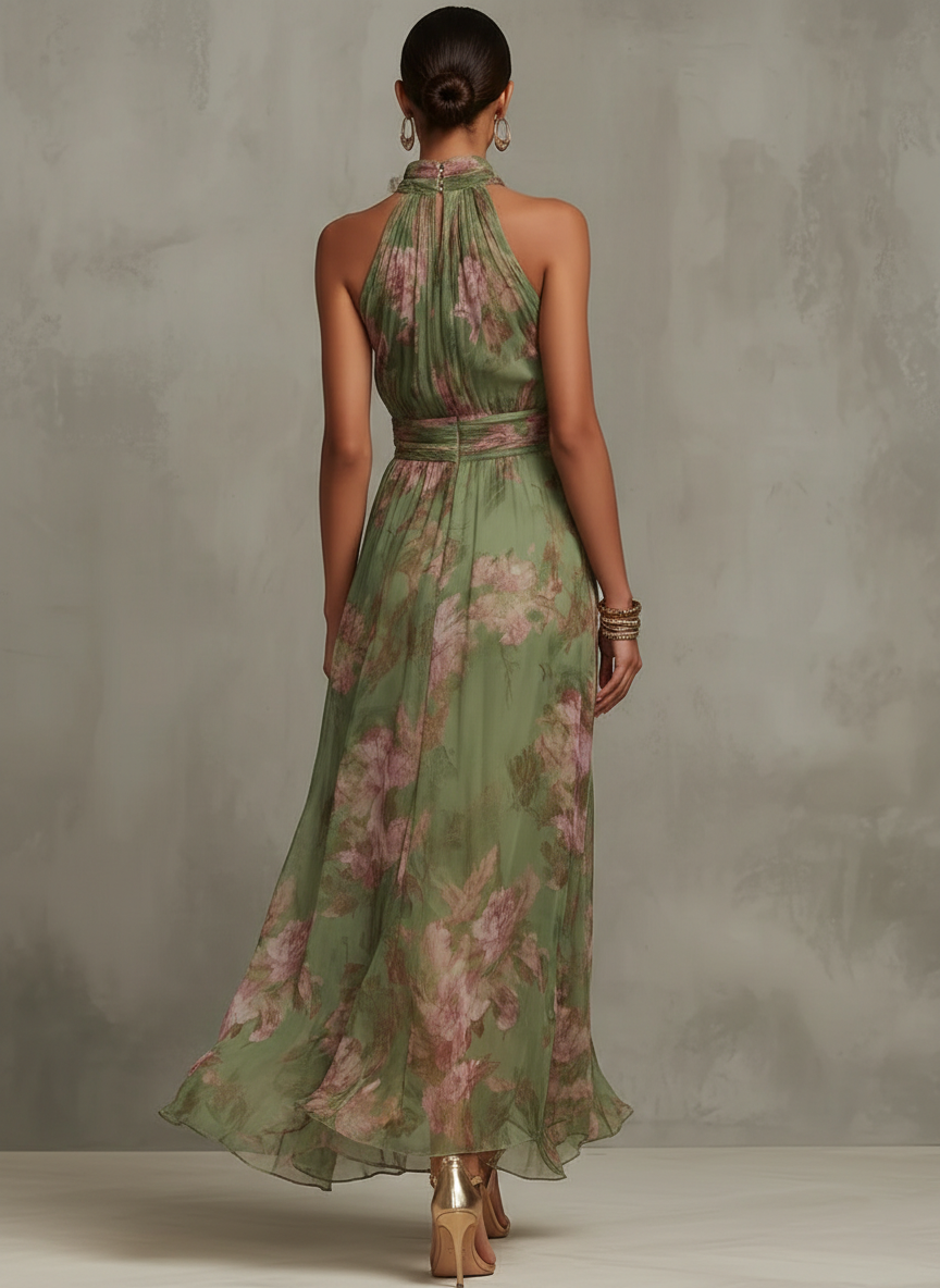 Serena ∙ Vestido largo verde floral de gasa con escote halter