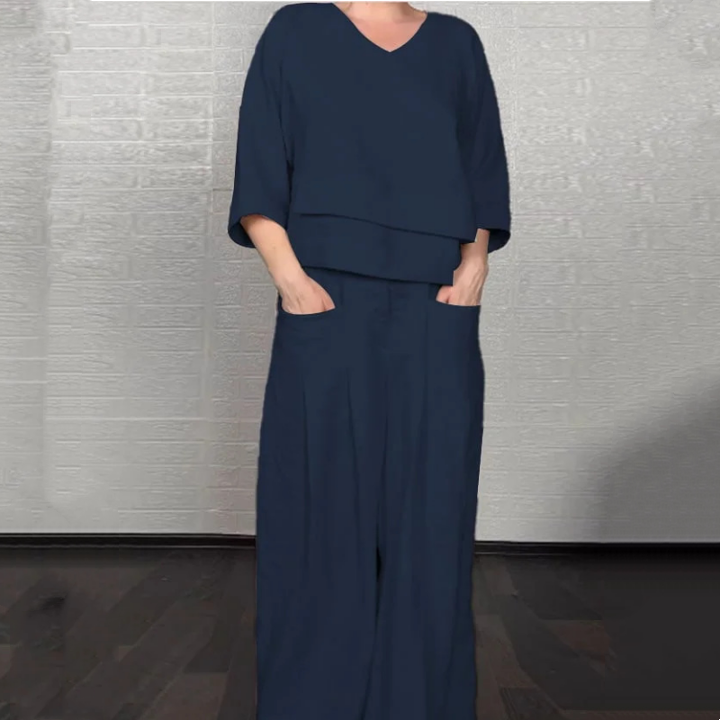 💎 Conjunto 2 Piezas de Algodón y Lino con Bajo Irregular – Top Escote en V + Pantalón Ancho, Transpirable y Elegante sin Esfuerzo 🍂👚