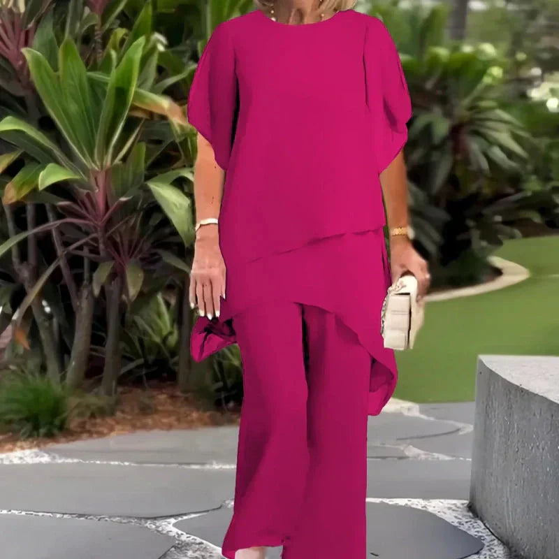 Conjunto de dos piezas para mujer: encantador top asimétrico y pantalón de pierna ancha