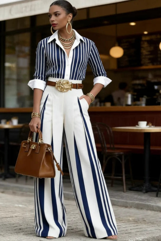 Sol - Conjunto de camisa de rayas y pantalón ancho para mujer